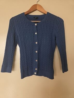 Talbots Blue Cable Knit ButtonFront Cardigan Sweater SP Classic Capsule Wardrobe